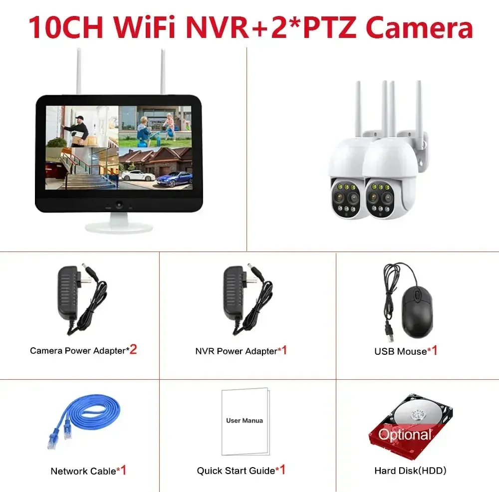 12.5 Inch Monitor 10CH NVR Kit Wireless PTZ Security 8MP 10X Zoom Camera System 2-Way Audio Home Wifi CCTV Surveillance Cameras