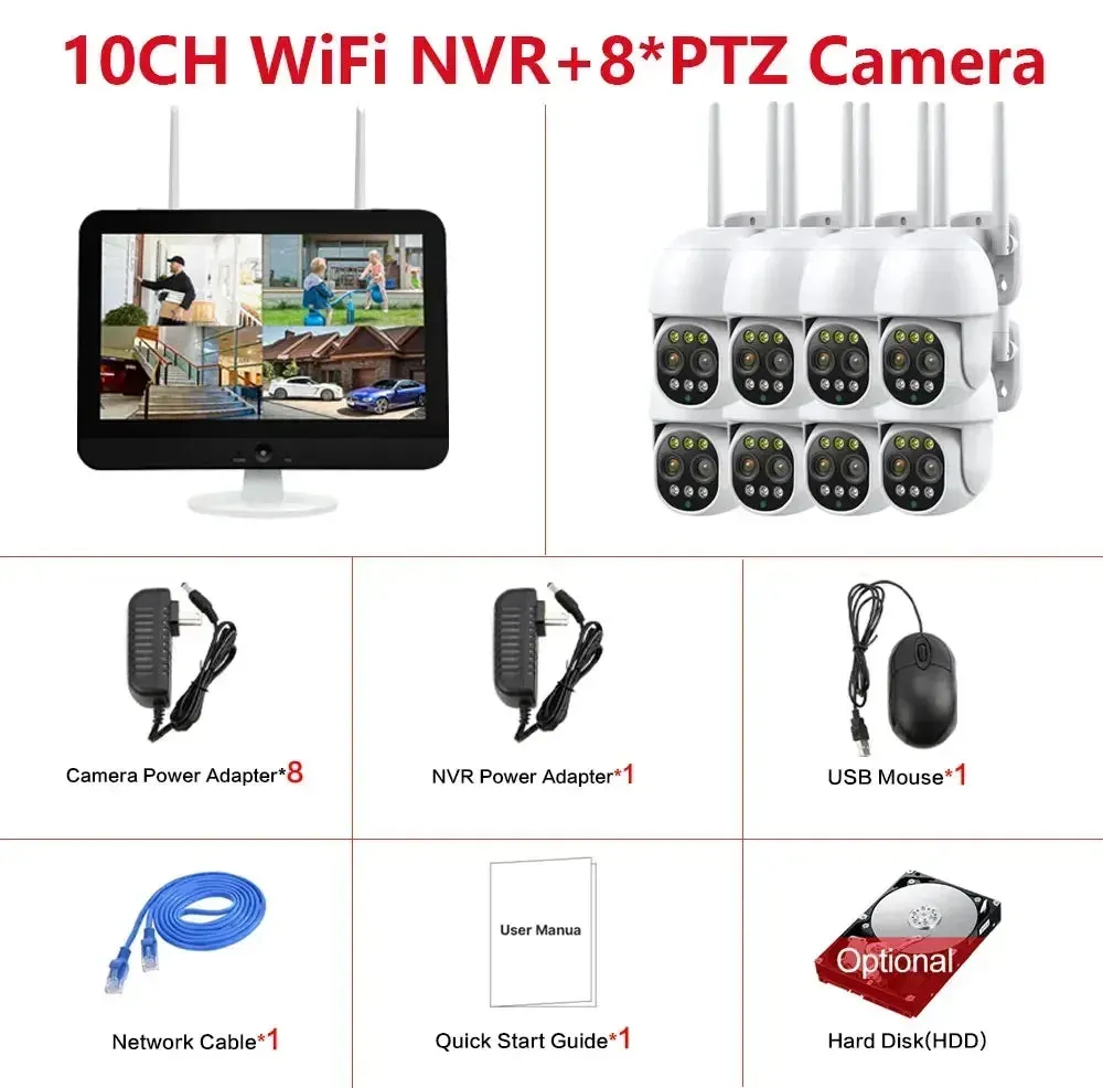 12.5 Inch Monitor 10CH NVR Kit Wireless PTZ Security 8MP 10X Zoom Camera System 2-Way Audio Home Wifi CCTV Surveillance Cameras