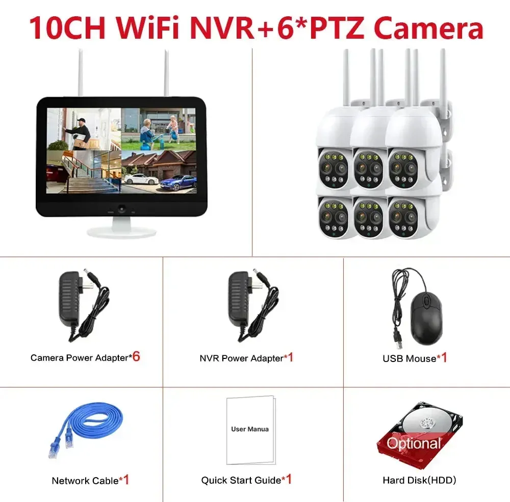 12.5 Inch Monitor 10CH NVR Kit Wireless PTZ Security 8MP 10X Zoom Camera System 2-Way Audio Home Wifi CCTV Surveillance Cameras