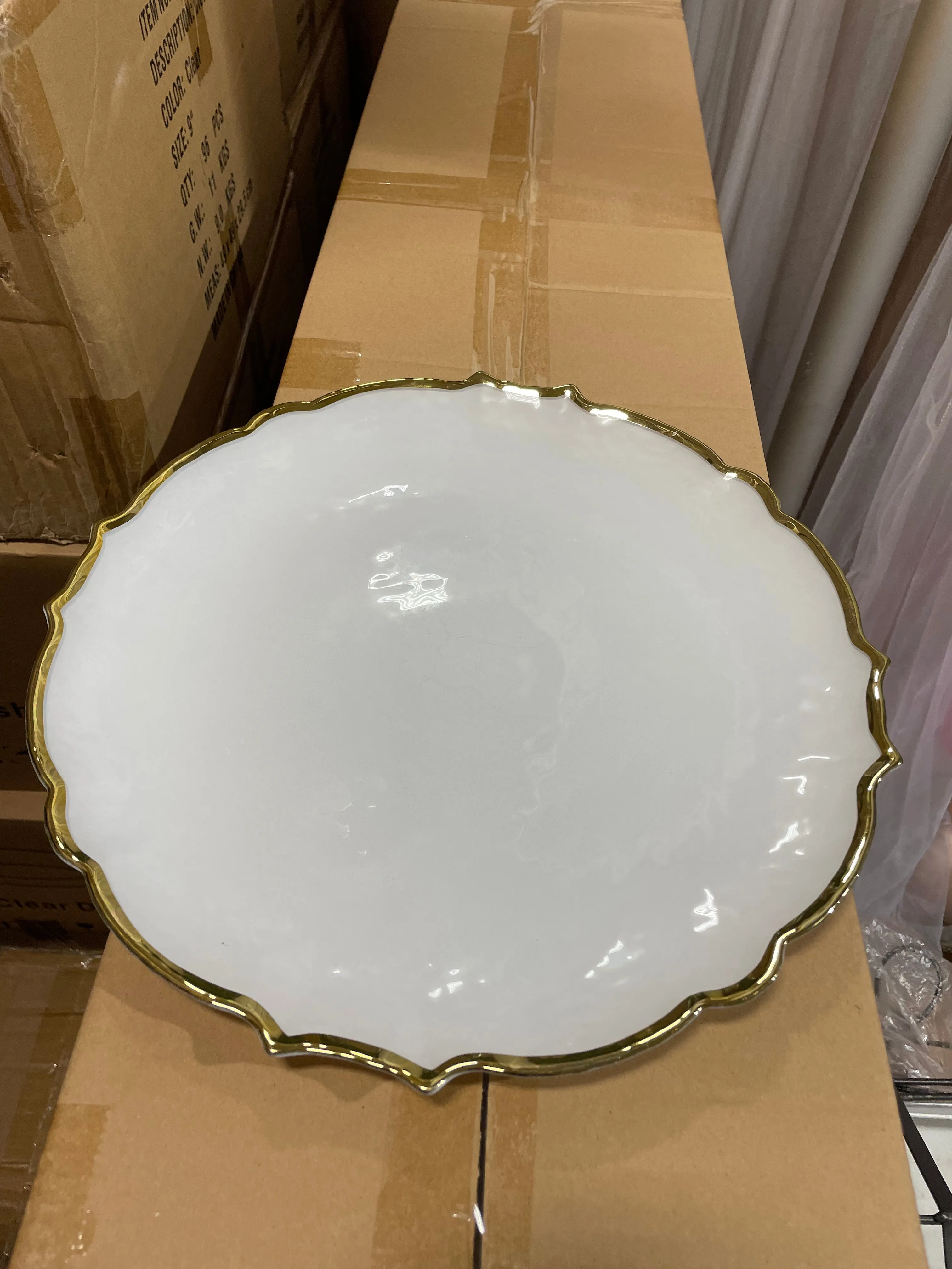 12.5" white flower Glass Charger clear with gold band