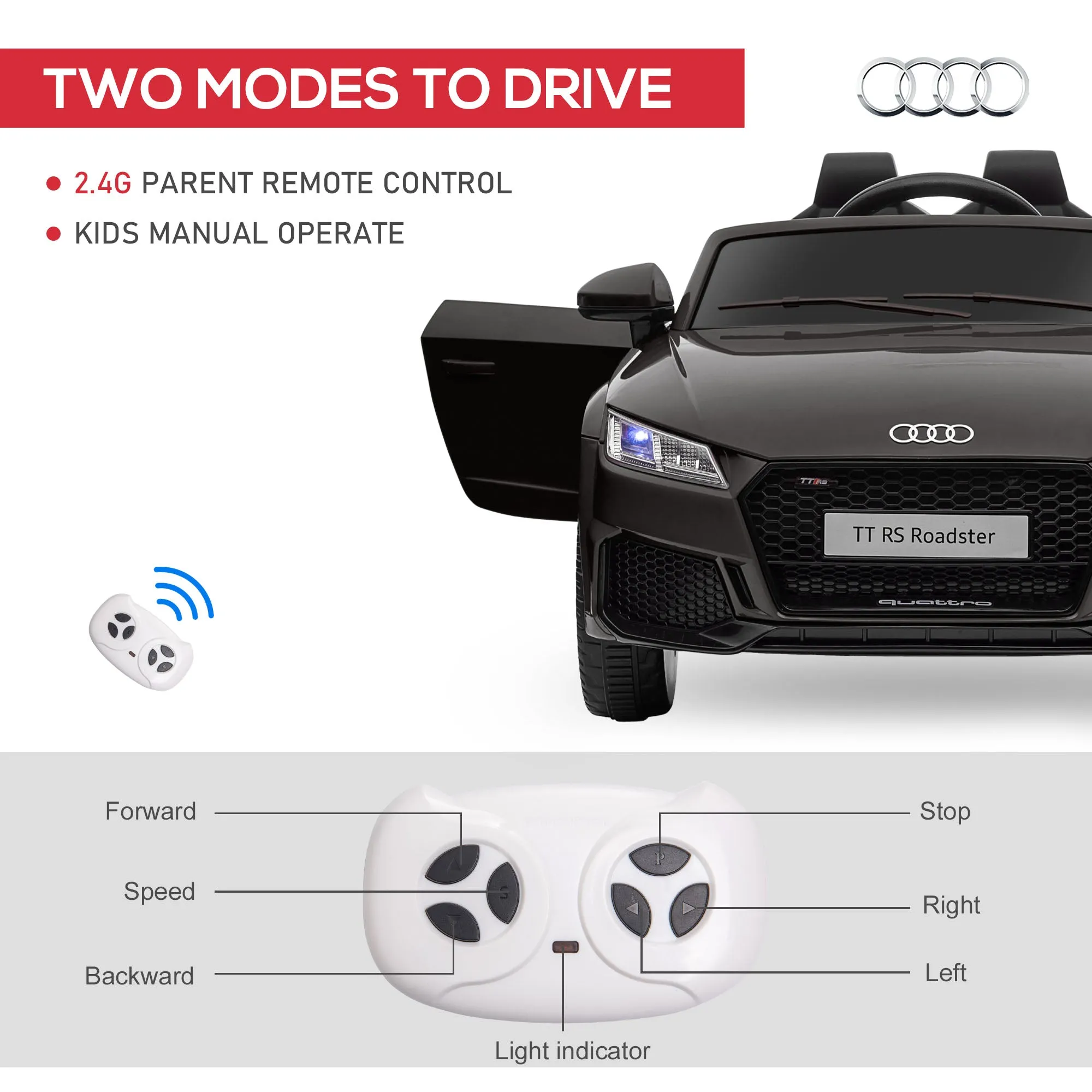 12V Battery Licensed Audi TT RS Ride-On Car w/ Remote, Headlight - Black