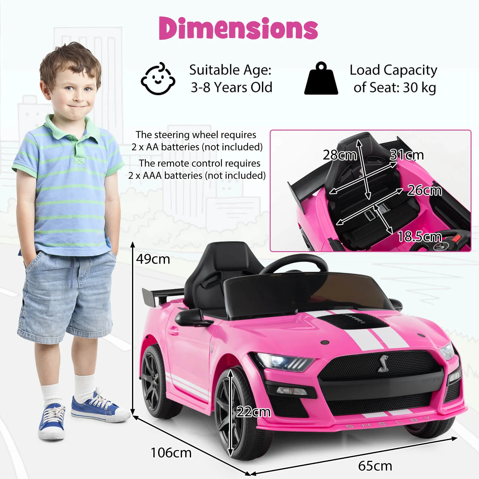 12V Kids Ride on Car Electric Licensed Ford Mustang Shelby GT500 for Kids Aged 3-8-Pink