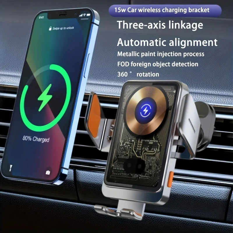 15W Vehicle Wireless Given Mobile Phone Bracket Three, Axis Link Auto Sensory Coil Transparent Punk Wind Mobile Phone Book Fast Charging