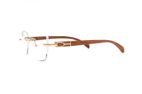 18KT Gold & Brown Wood Eyeglasses, Clear Square Lenses