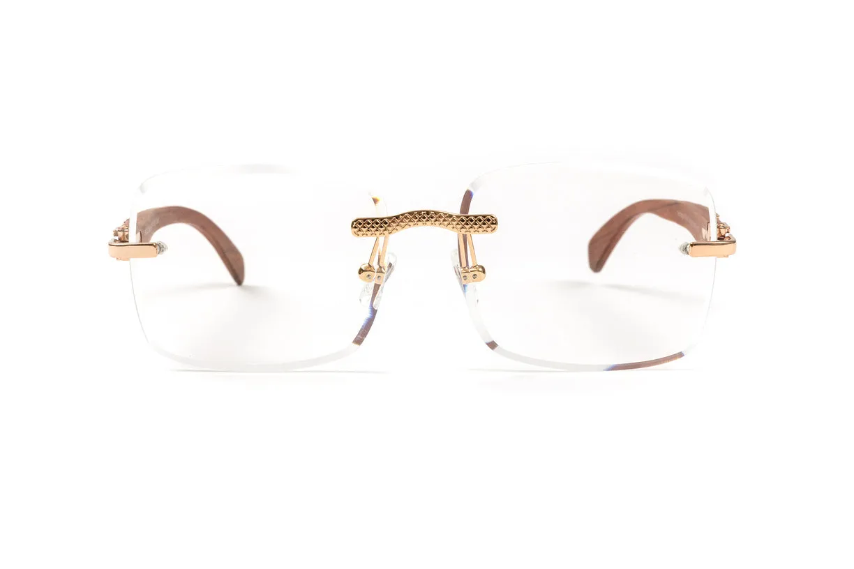 18KT Gold & Brown Wood Eyeglasses, Clear Square Lenses