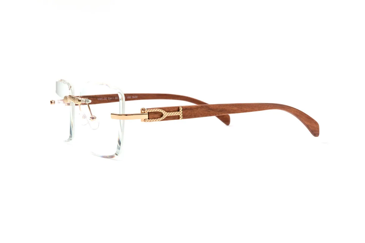 18KT Gold & Brown Wood Eyeglasses, Clear Square Lenses