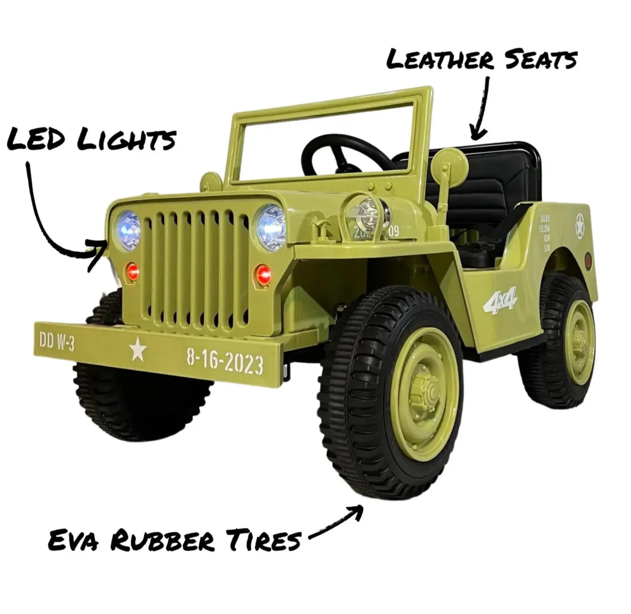 2025 Military / Army 12V Willy Jeep Style Truck Upgraded | 1 Seater Kids Ride-On Car| Leather Seats | Rubber Tires | Remote | 2 Colours