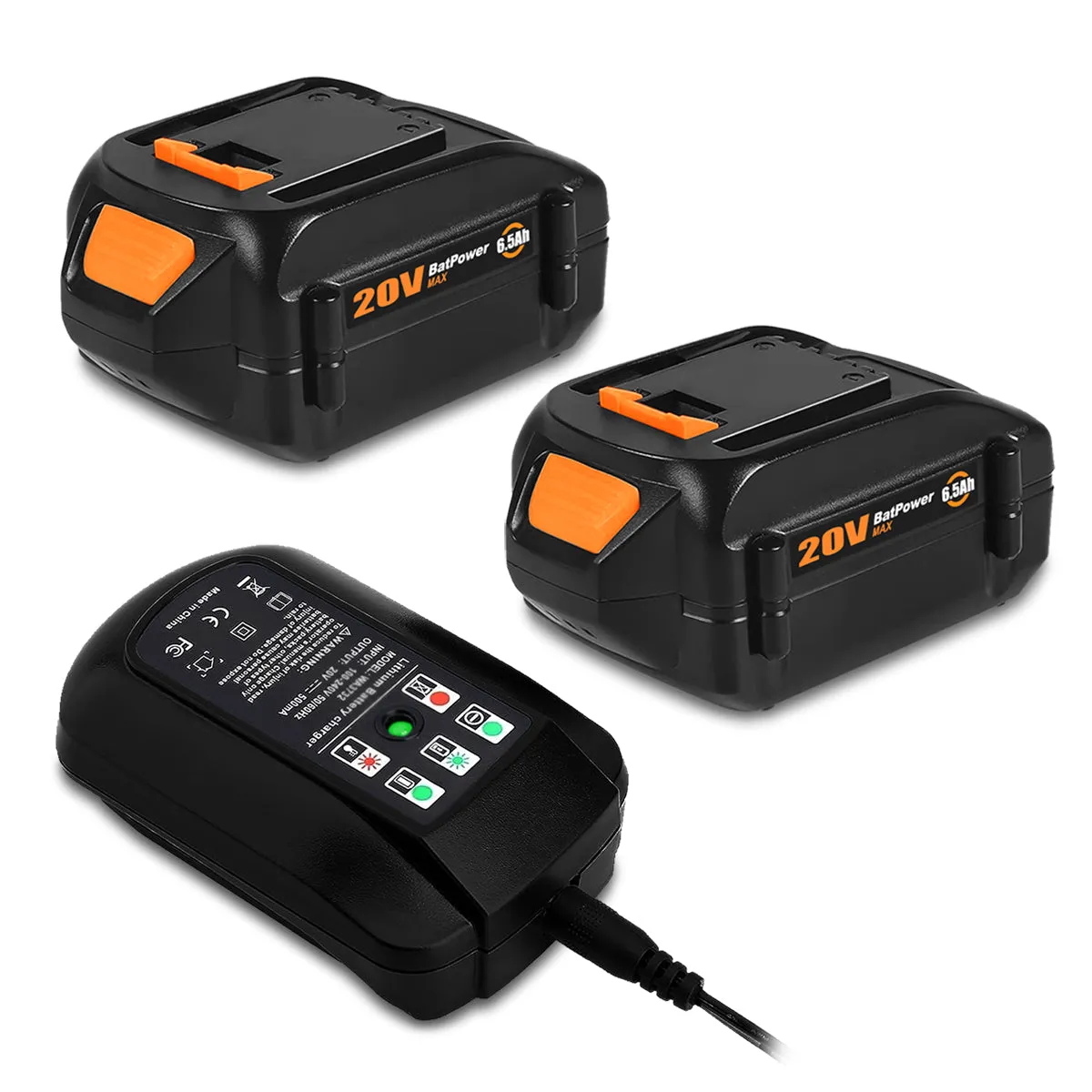 20V 6.5Ah WA3578 Extended Capacity Battery with Charger Kit Replacement for WORX 20V Battery and Charger Combo 20V 5.0Ah 4.0 Ah 3.0 Ah 2.0Ah Battery