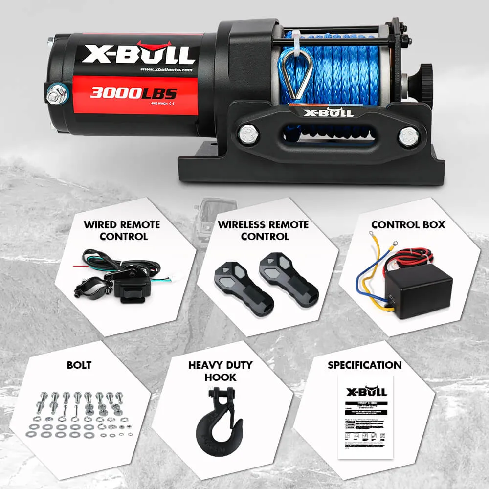 3000LB 12V Electric Winch, Synthetic Rope, 2 Wireless Remotes, X-BULL