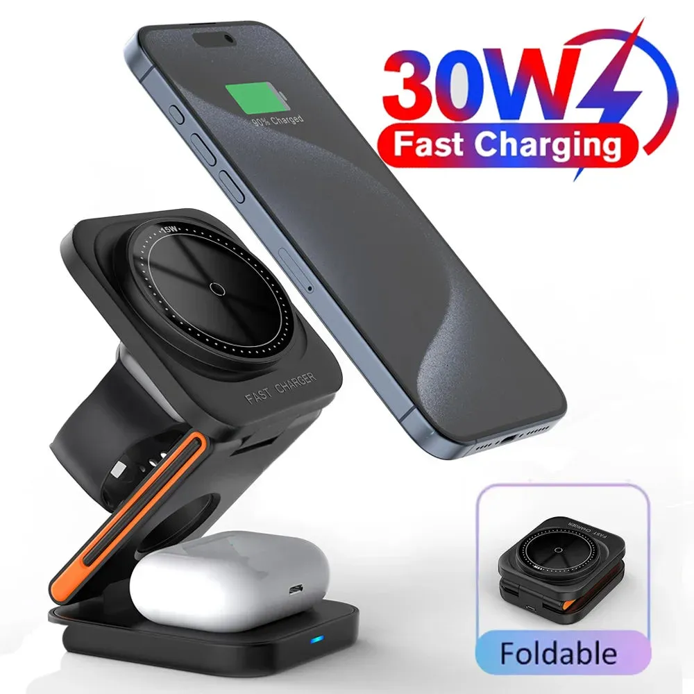 30W 3 in 1 Foldable Wireless Charging Station for iPhone 16 15 14 13Pro Apple Watch 8 9 Airpods