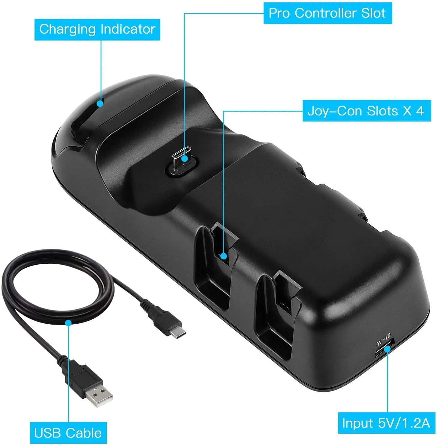 5 in 1 Controller Charger Dock for Nintendo Switch Joy-Cons and Pro Controller with LED Indicator and Type-C Charging Cable