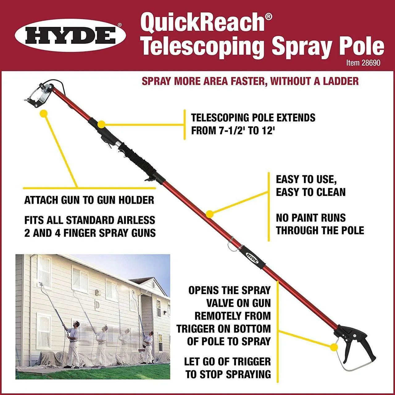 7.5' - 12' Hyde QuickReach Long Telescoping Spray Pole, Reaching Second Stories Without Ladders