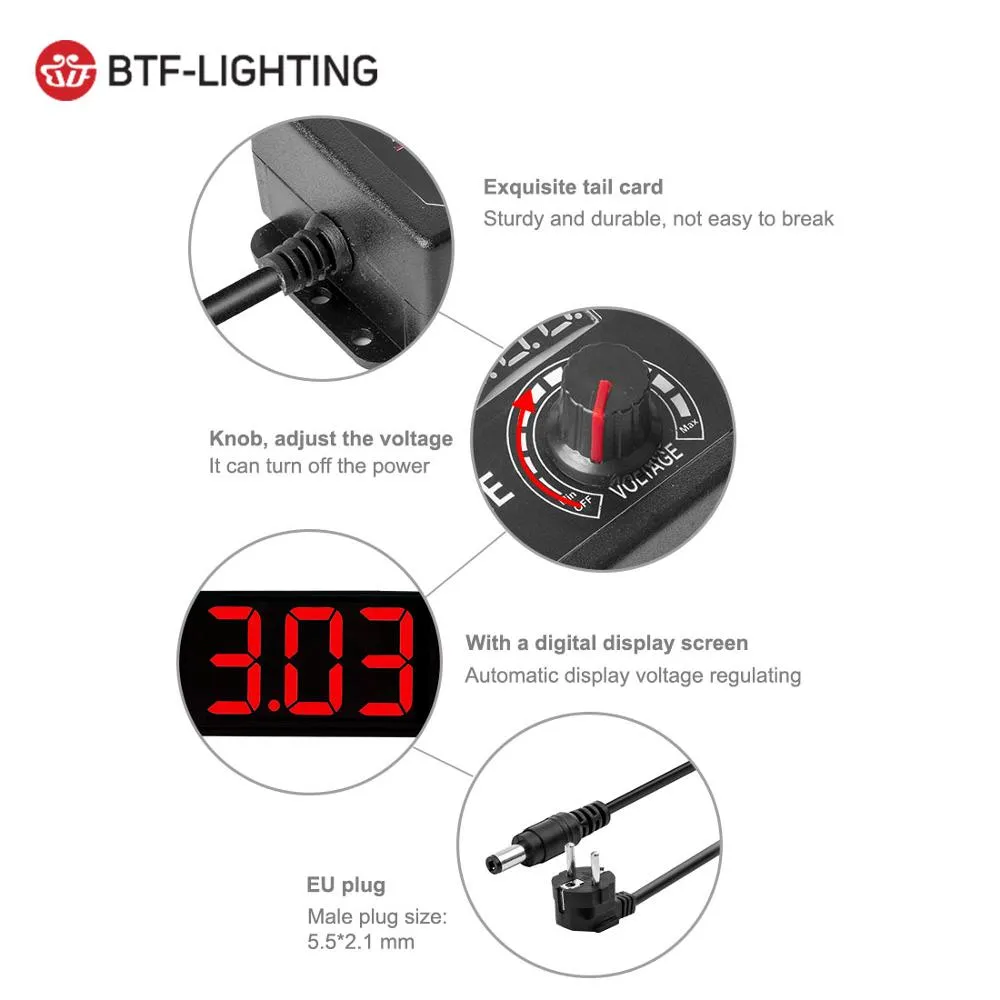 Adjustable AC to DC 3V-12V 3V-24V Switching Universal Adapter Display Screen Voltage Regulated Power Supply for LED Light Strip