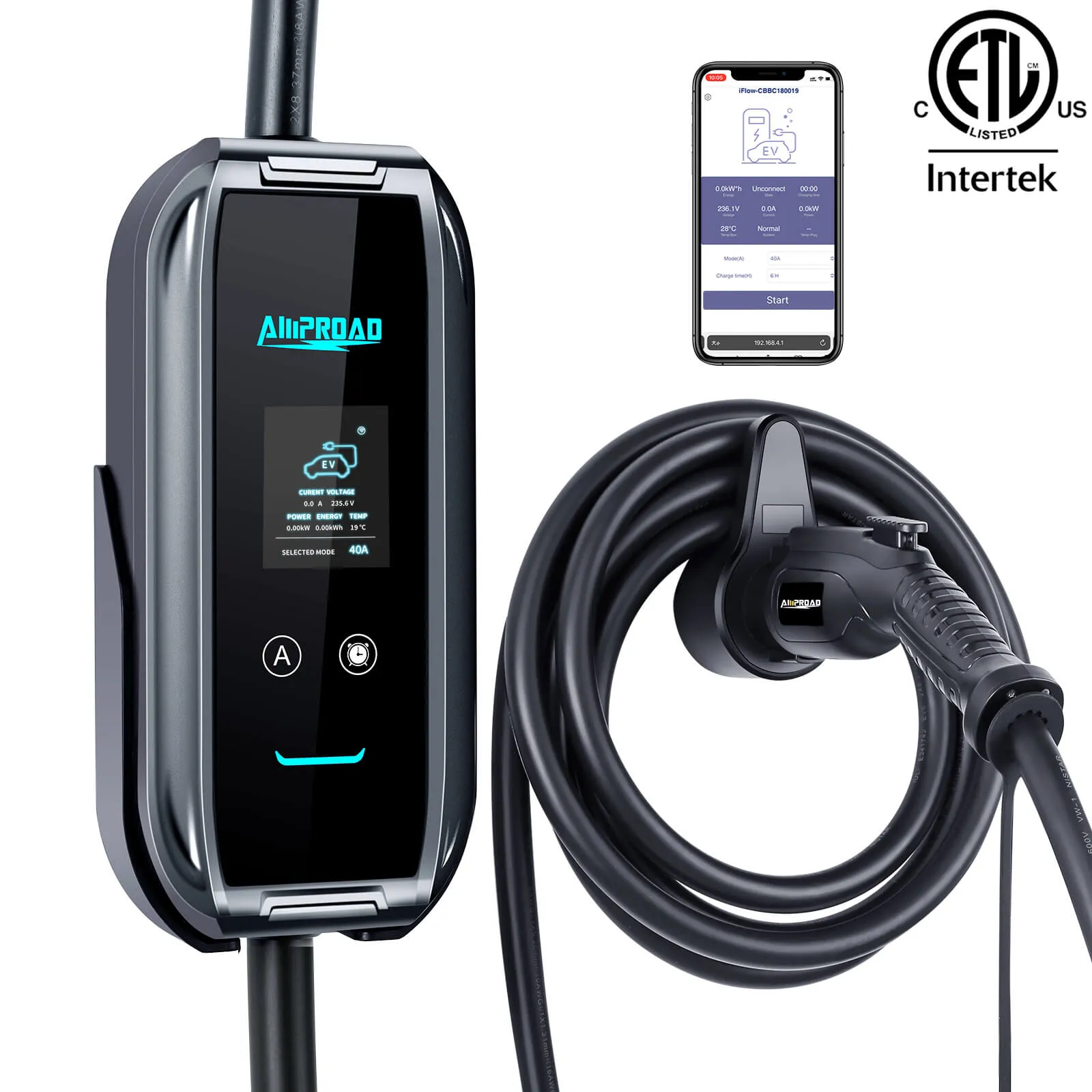 AMPROAD iFlow P9 Portable EV Charger | Level 2 Portable EVSE | NEMA 14-50 Plug | J1772 EV Charger 10A/16A/24A/32A/40A