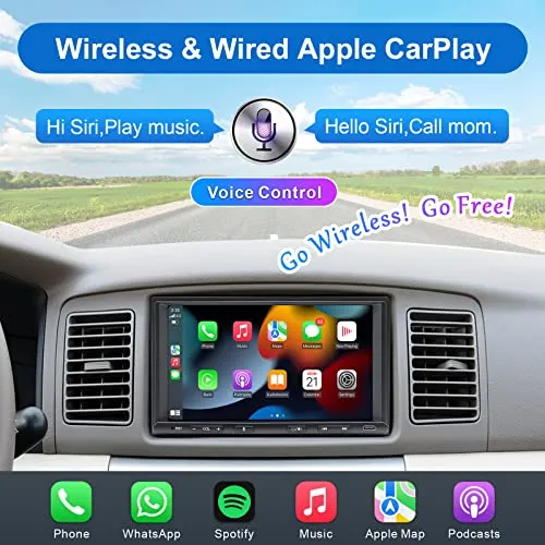 Android Double Din Car Stereo Radio Wireless CarPlay & Wireless Android Auto, 7in Touchscreen Head Unit with Dual Bluetooth, Split Screen, DSP, AHD Backup Camera, GPS/USB/AUX/SWC/AM/FM/RDS/Subwoofer