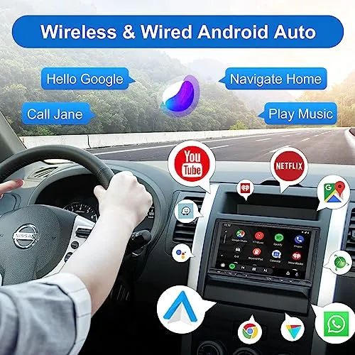 Android Double Din Car Stereo Radio Wireless CarPlay & Wireless Android Auto, 7in Touchscreen Head Unit with Dual Bluetooth, Split Screen, DSP, AHD Backup Camera, GPS/USB/AUX/SWC/AM/FM/RDS/Subwoofer