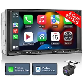 Android Double Din Car Stereo Radio Wireless CarPlay & Wireless Android Auto, 7in Touchscreen Head Unit with Dual Bluetooth, Split Screen, DSP, AHD Backup Camera, GPS/USB/AUX/SWC/AM/FM/RDS/Subwoofer