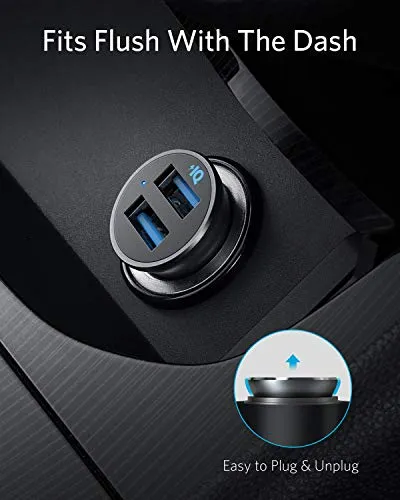 Anker Car Charger, Mini 24W 4.8A Metal Dual USB Car Charger, PowerDrive 2 Alloy Flush Fit Car Adapter with Blue LED, for iPhone XR/Xs/Max/X/8/7/Plus, iPad Pro/Air 2/Mini, Galaxy, LG, HTC and More