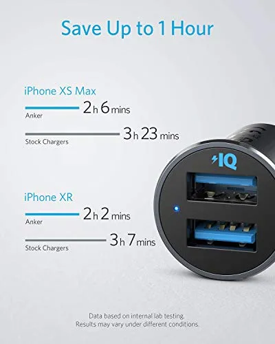 Anker Car Charger, Mini 24W 4.8A Metal Dual USB Car Charger, PowerDrive 2 Alloy Flush Fit Car Adapter with Blue LED, for iPhone XR/Xs/Max/X/8/7/Plus, iPad Pro/Air 2/Mini, Galaxy, LG, HTC and More