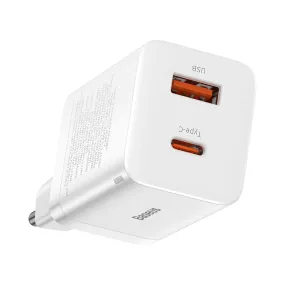 Baseus 30W Super Si Pro Vægoplader USB-C & USB-A - Hvid