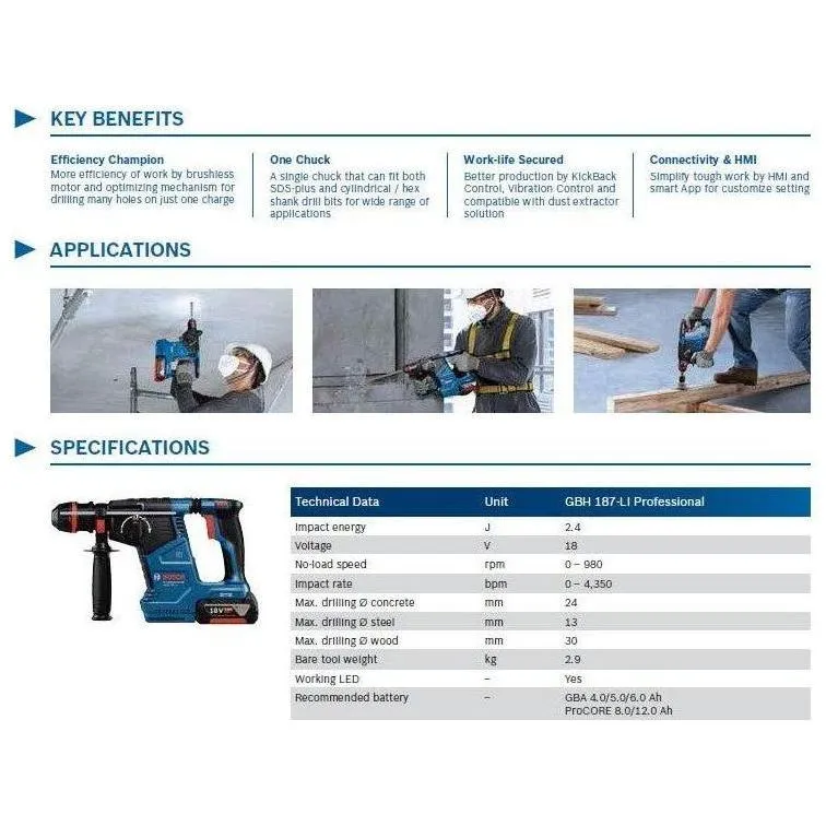 Bosch GBH 187-Li Cordless SDS-plus Rotary Hammer 24mm 18V (Kit) [One Chuck]