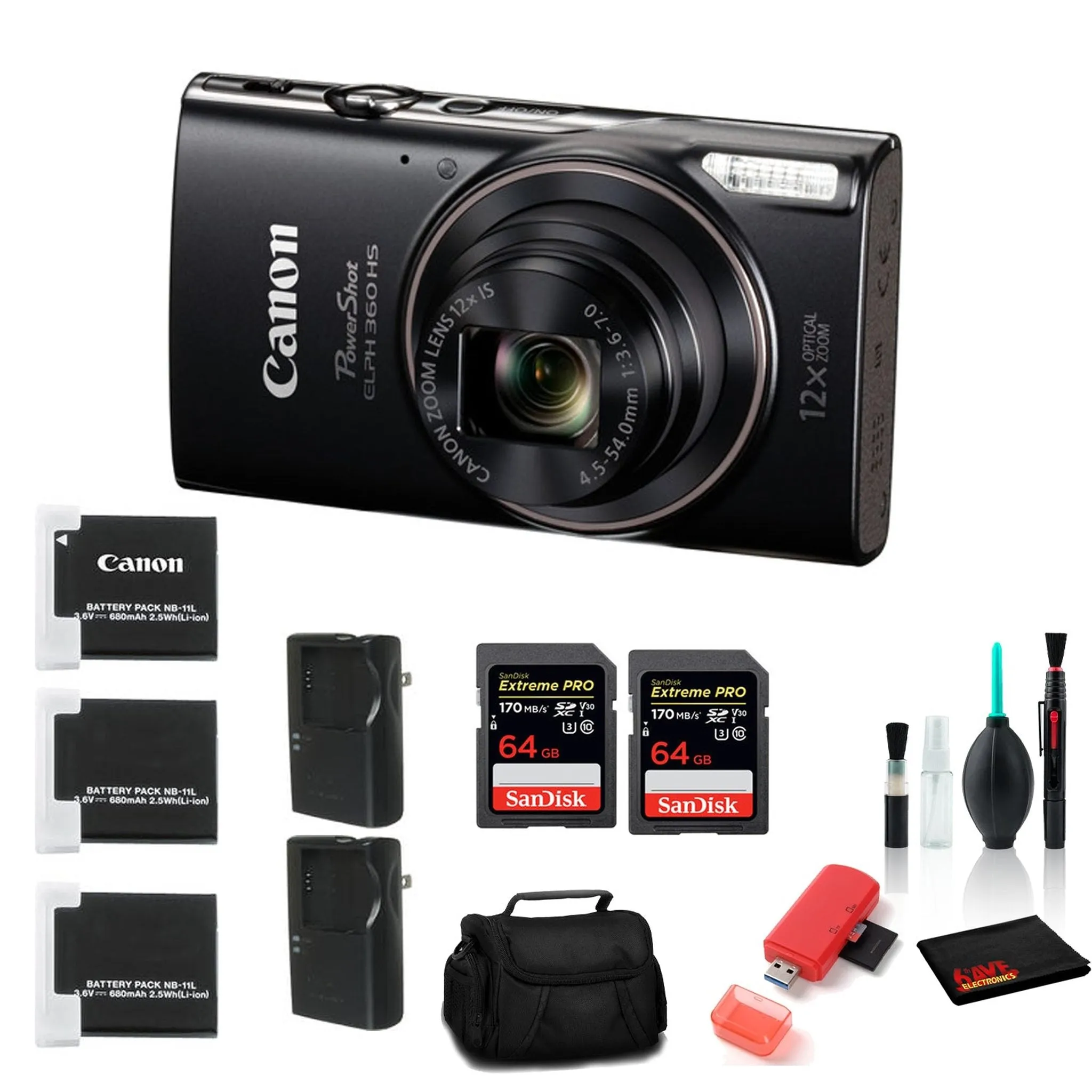 Canon PowerShot ELPH 360 HS Digital Camera with 2x 64GB Cards