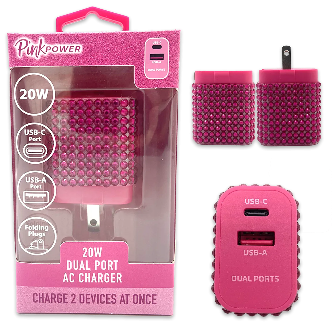 Car Charger / Wall Charger / Charging Cable Pink Power Assortment - 20 Pieces Per Retail Ready Display 88527