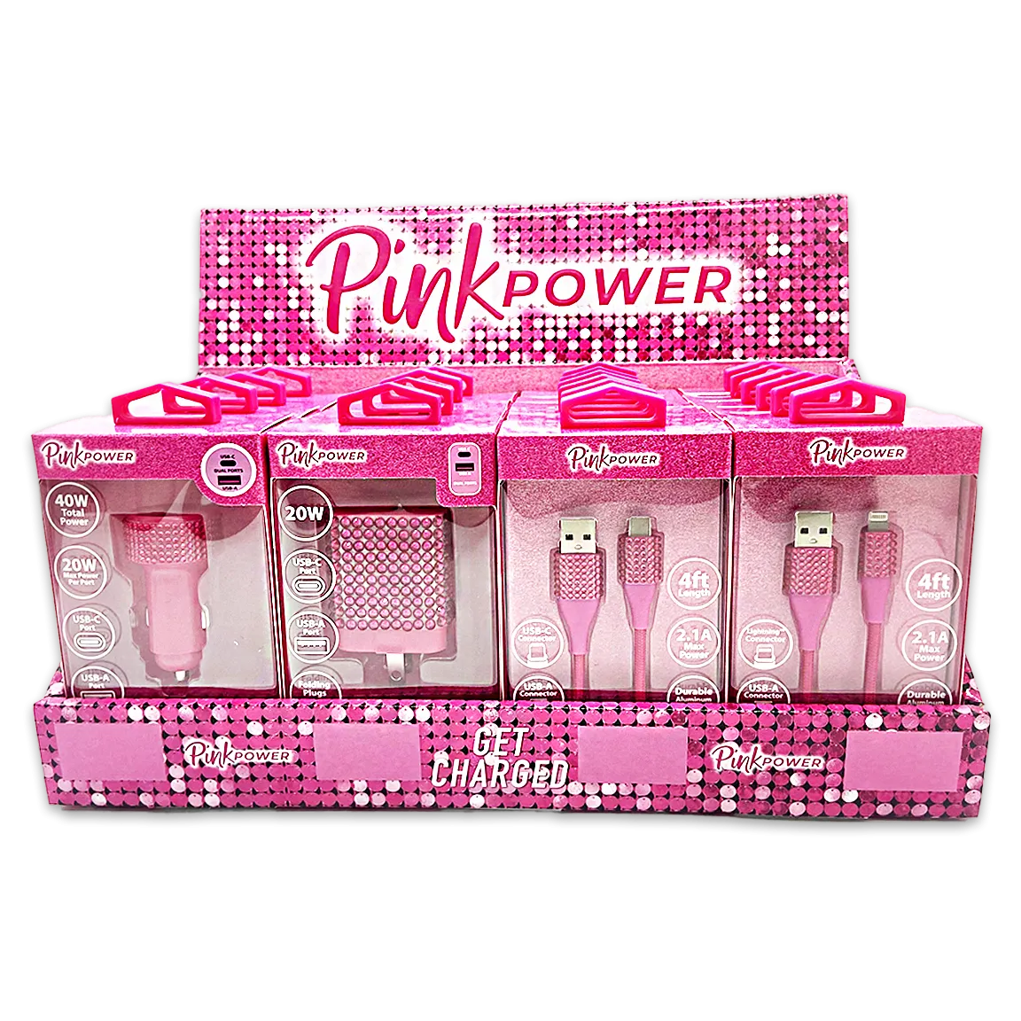 Car Charger / Wall Charger / Charging Cable Pink Power Assortment - 20 Pieces Per Retail Ready Display 88527