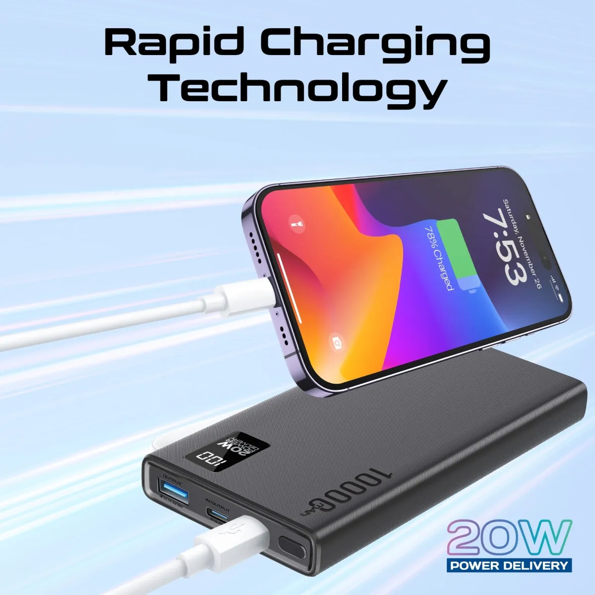 Compact Smart Charging Power Bank with 20W PD Dual USB-C and 22.5W USB-A Ports