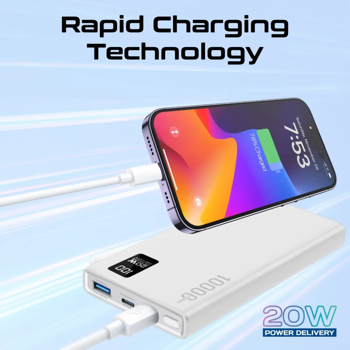 Compact Smart Charging Power Bank with 20W PD Dual USB-C and 22.5W USB-A Ports