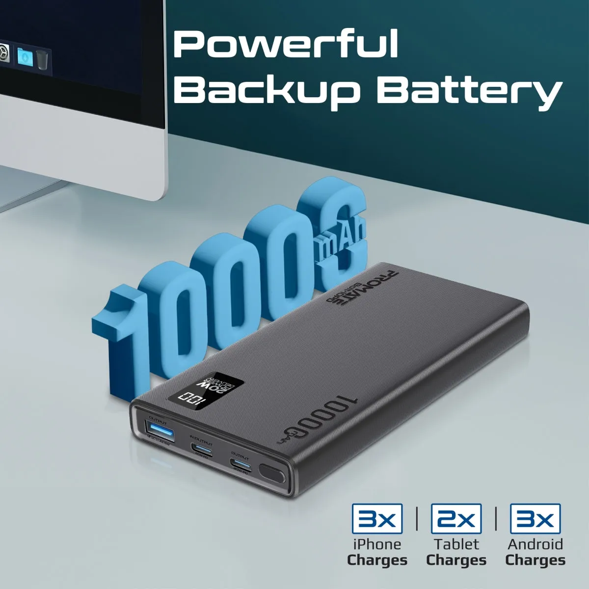 Compact Smart Charging Power Bank with 20W PD Dual USB-C and 22.5W USB-A Ports