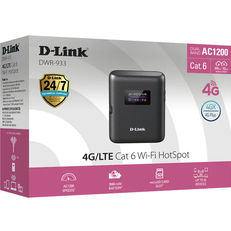 D-Link DWR-933 4G LTE CAT 6 WiFi Hotspot AC1200 Speeds 32 Devices