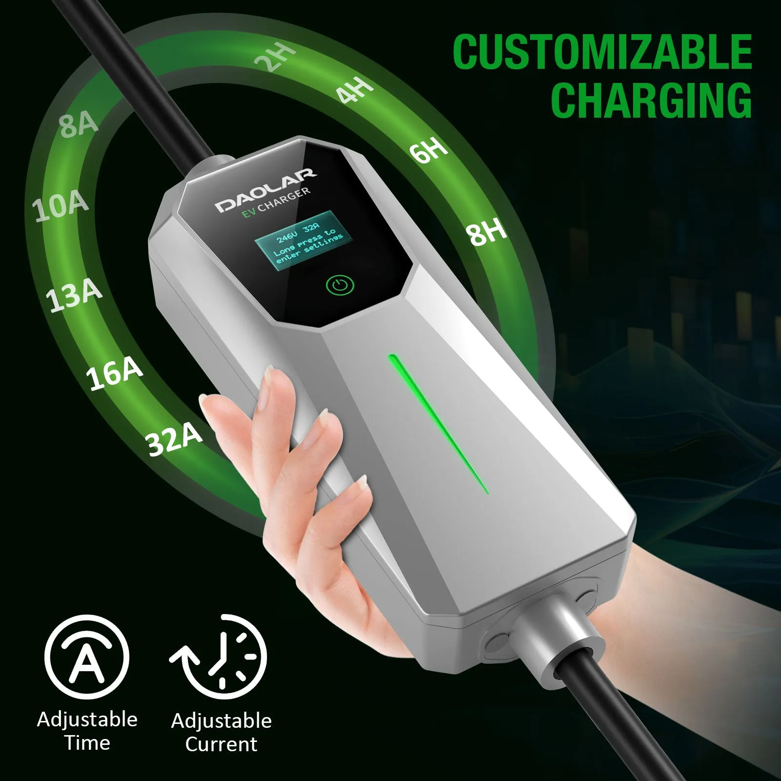 Daolar Level 1 LEVEL2 EV Charger 32A Amp 110V-240V 24ft Portable Electric Vehicle Charging Station with NEMA 14-50 Plug for J1772 Electric Cars