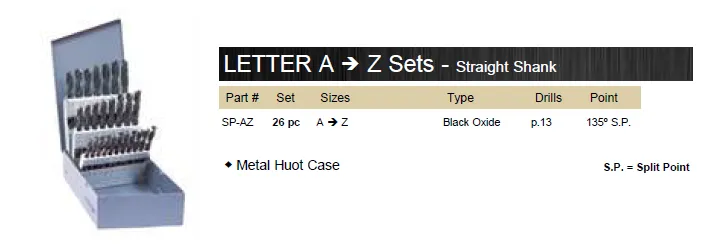 DRILL BIT SET LETTER SIZE BLACK 135° A-Z WITH METAL CASE