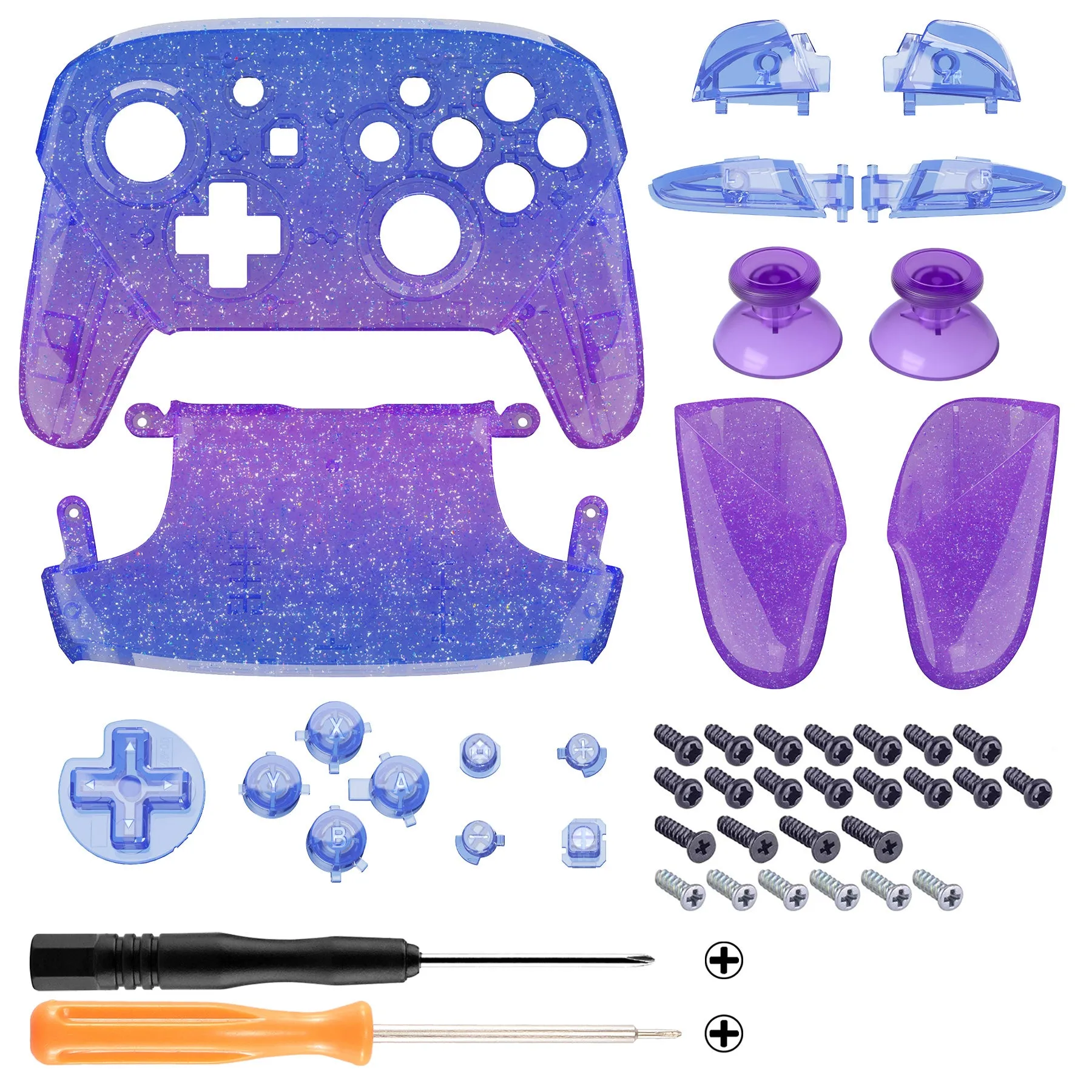 eXtremeRate Glitter Gradient Translucent Bluebell Faceplate Backplate Handles for NS Switch Pro Controller, Soft Touch Replacement Grip Housing Shell Cover With Full Set Buttons for NS Switch Pro - FRP357