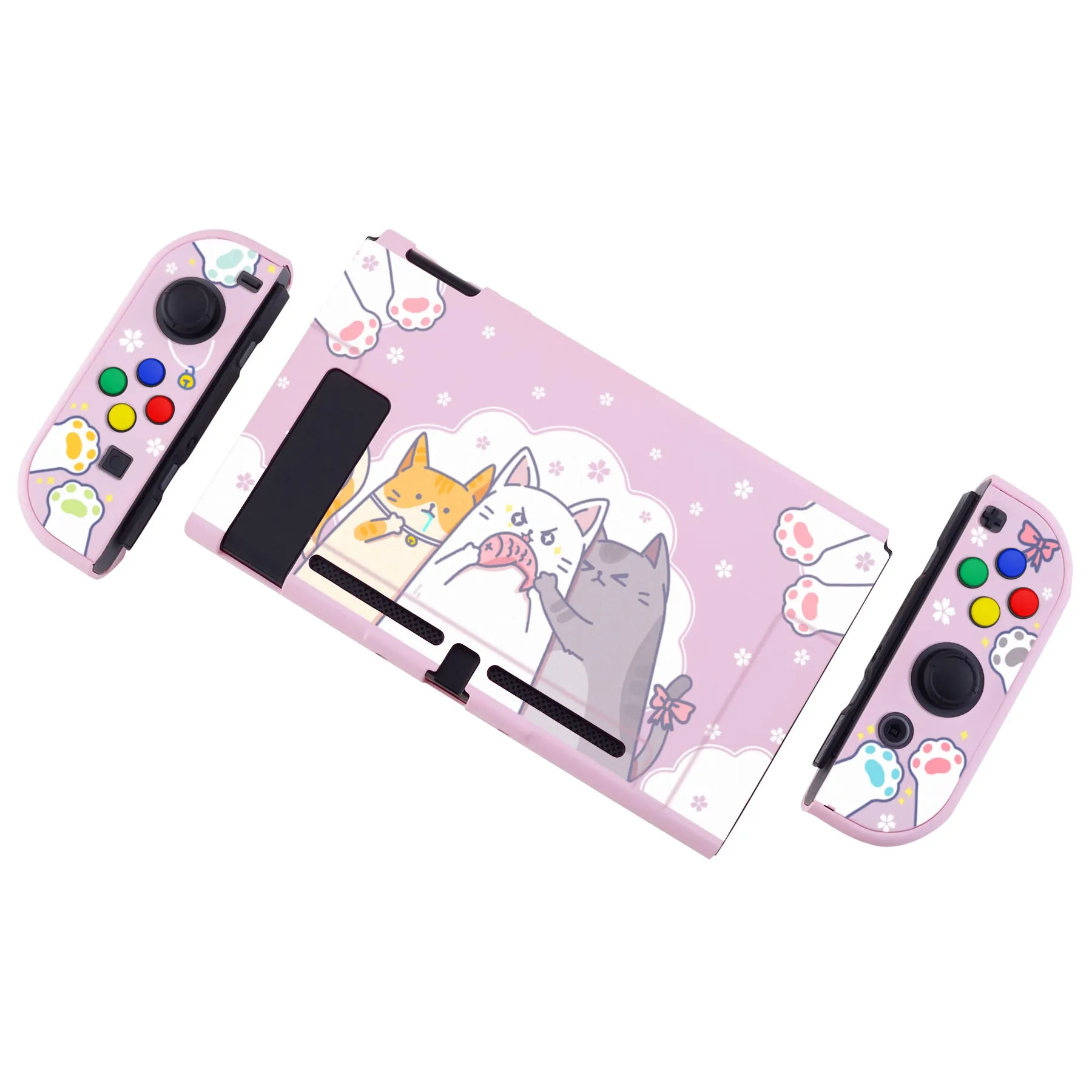 eXtremeRate PlayVital Hungry Kitties Back Cover for NS Switch Console, NS Joycon Handheld Controller Separable Protector Hard Shell, Dockable Protective Case with Colorful ABXY Direction Button Caps - NTT112