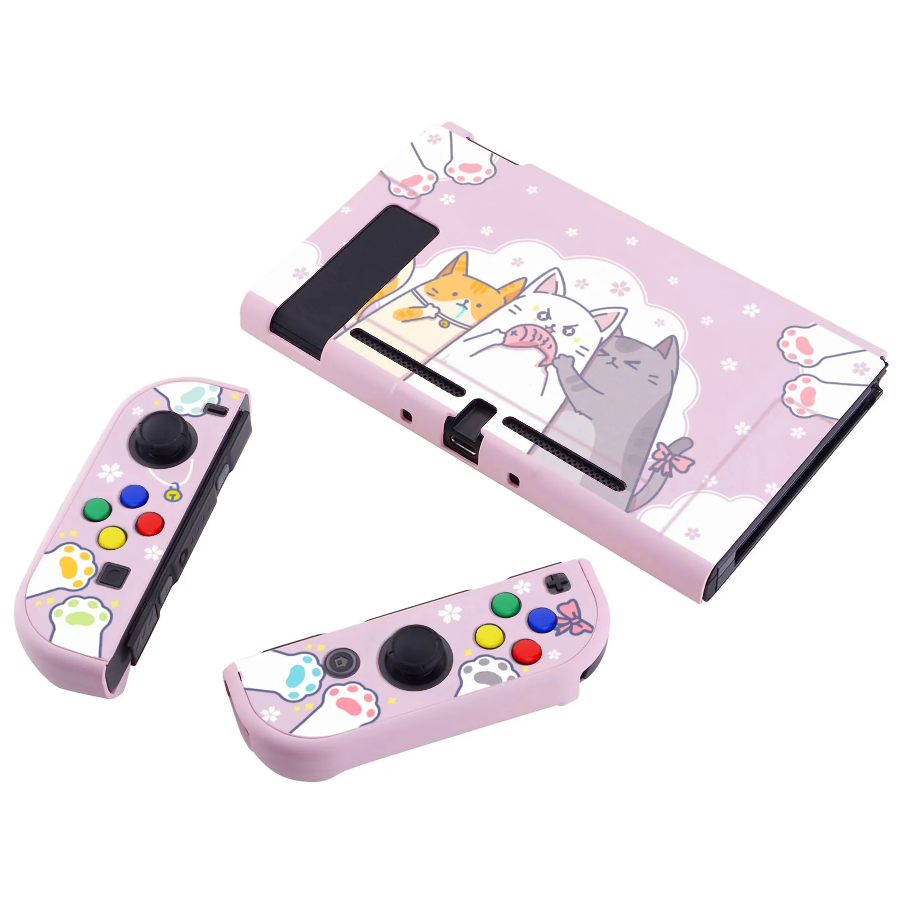 eXtremeRate PlayVital Hungry Kitties Back Cover for NS Switch Console, NS Joycon Handheld Controller Separable Protector Hard Shell, Dockable Protective Case with Colorful ABXY Direction Button Caps - NTT112