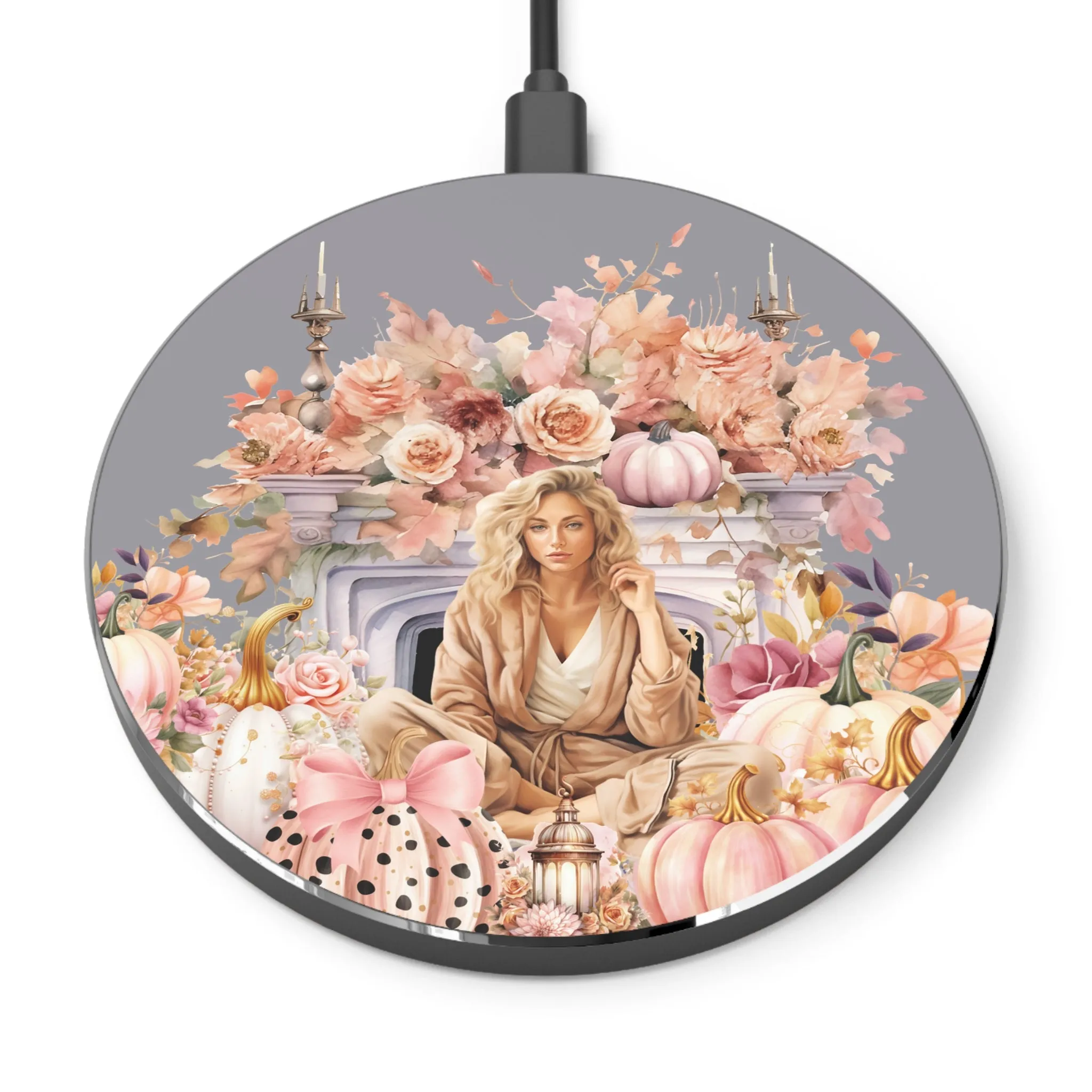 Flowers and Pumpkins Wireless Charger (White Girl Design)