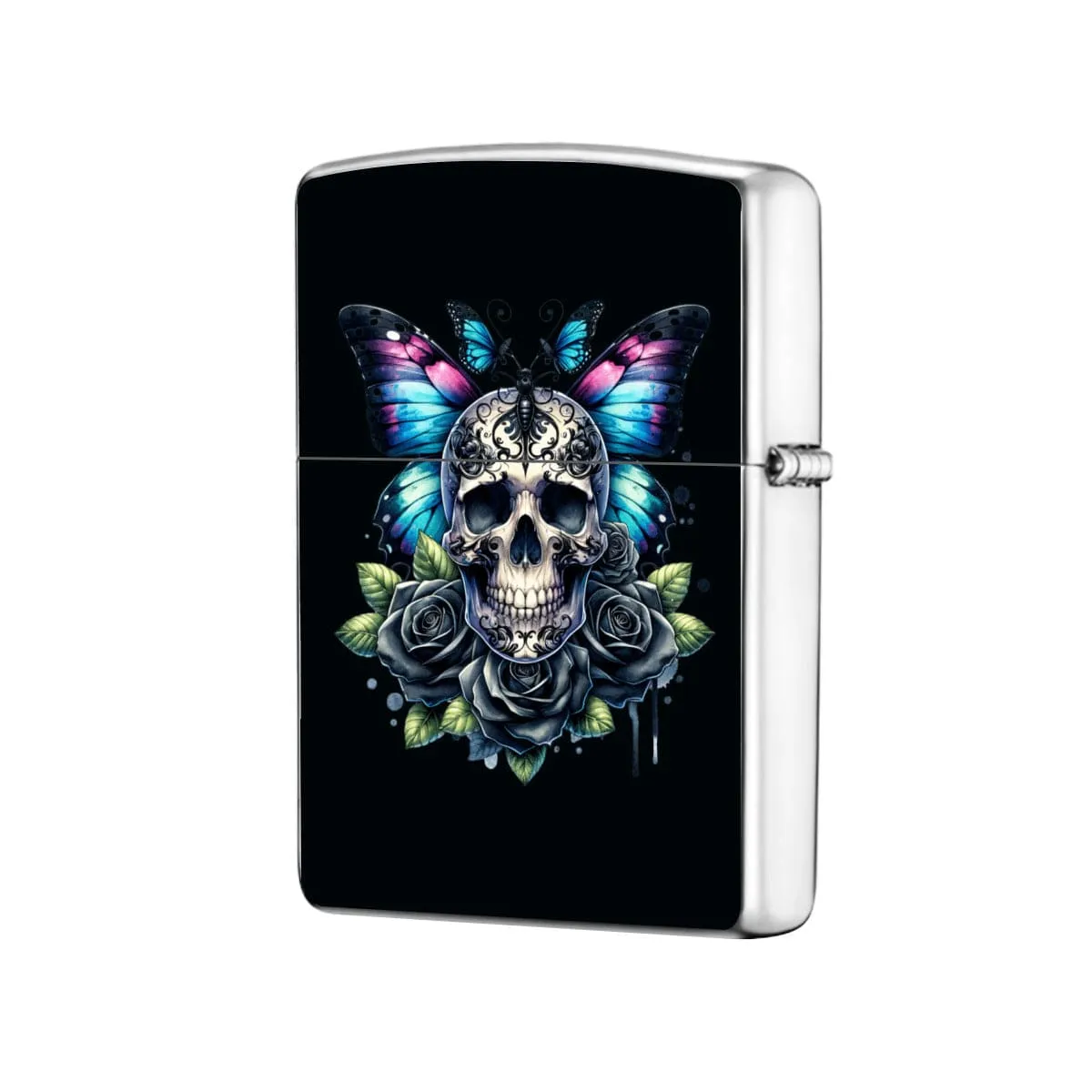 Gothic Butterfly Skulls Stainless Steel Lighter Case