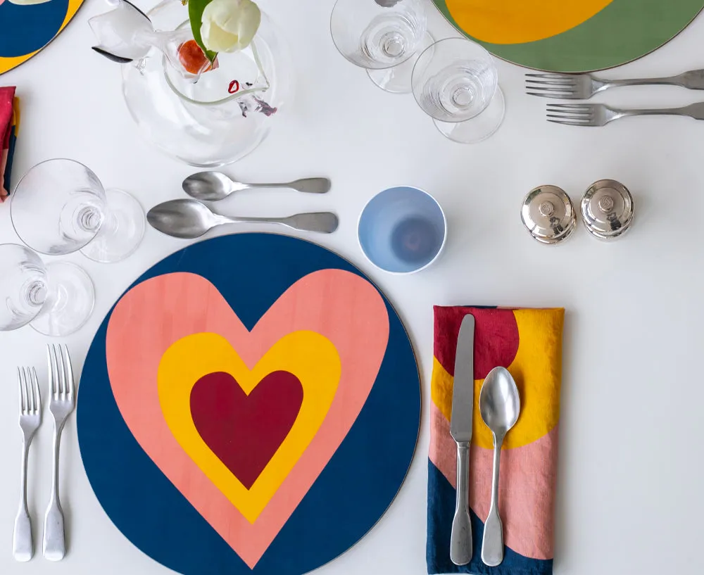 Heart Cork-Backed Placemat/Charger in Lemon Yellow and Midnight Blue