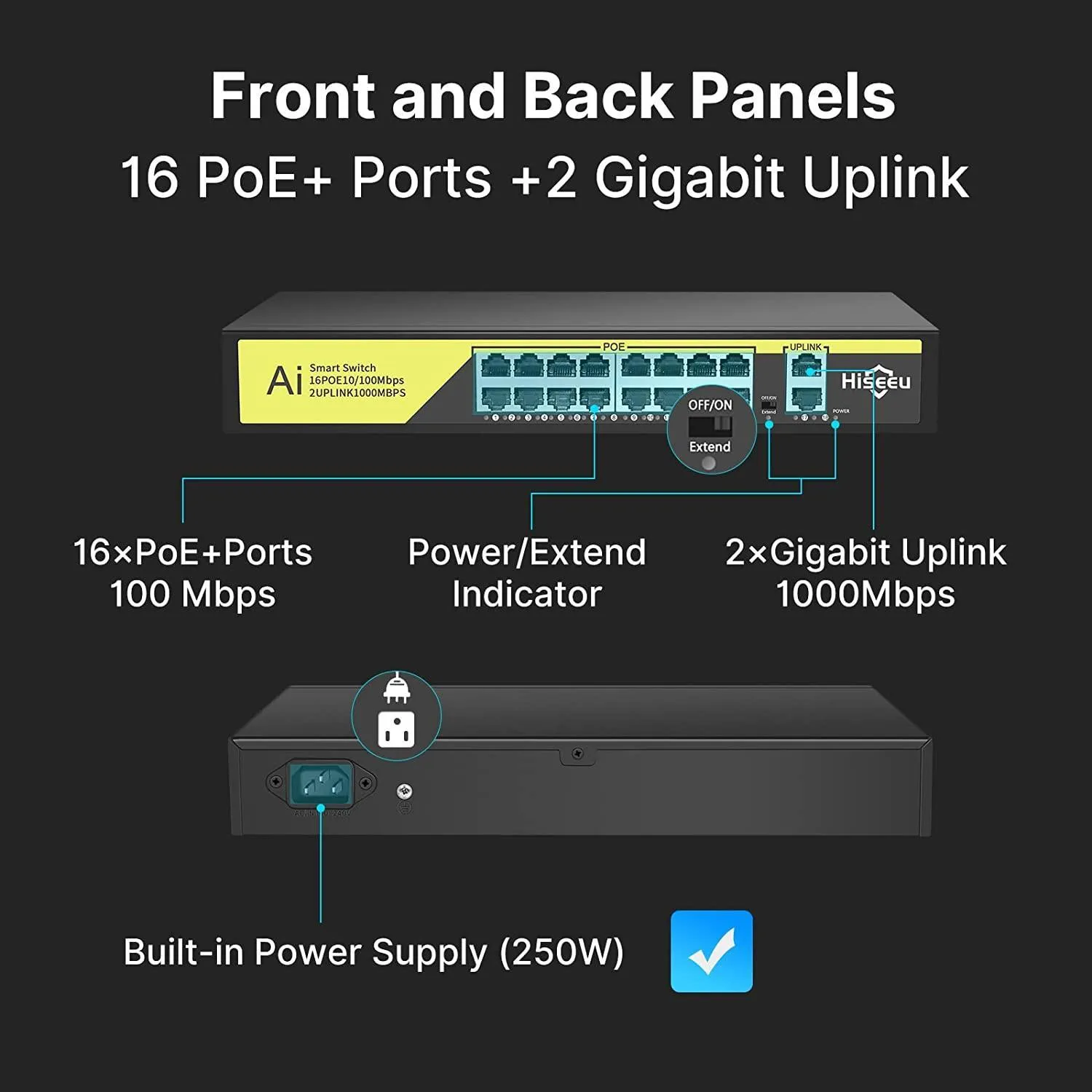 Hiseeu【1000 MBPS】 16 Port PoE Switch   2 Gigabit Uplink 1000 Mbps