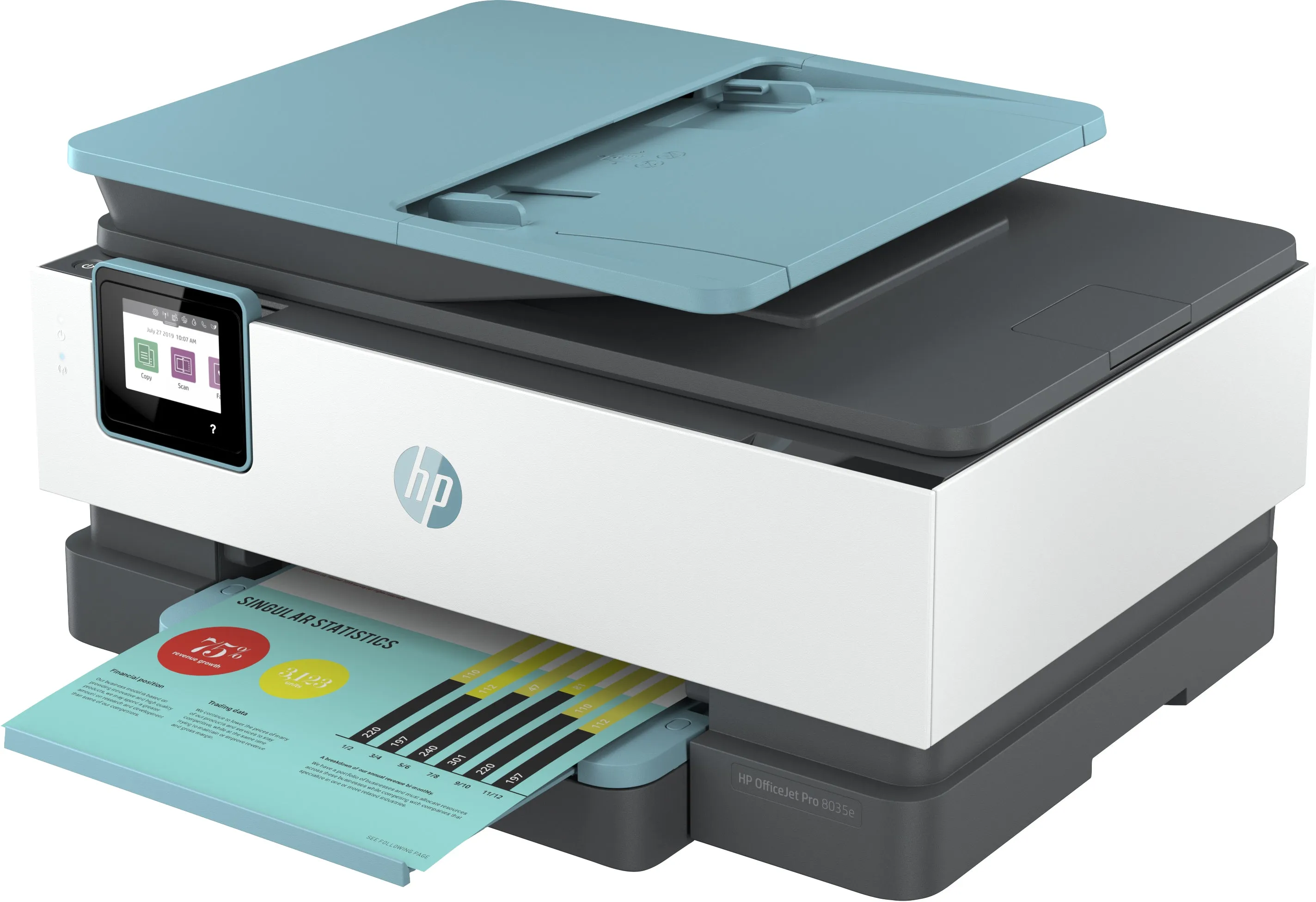 HP OfficeJet Pro 8035e All-in-One Color Inkjet Printer, 20/10ppm, 256MB, USB, WiFi, Ethernet, Oasis - 1L0H7A#B1H