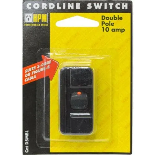 HPM Cordline Switch Double Pole 10amp Black Suits 3-Core or Figure-8 Cable D5MBL