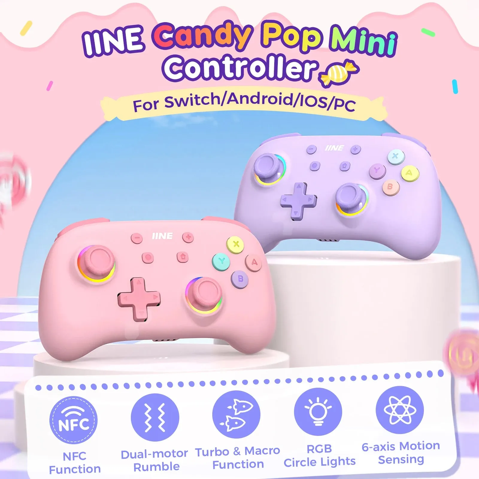 IINE Candy Pop Mini Controller: For Switch (supports Amiibo), PC, Android, iOS