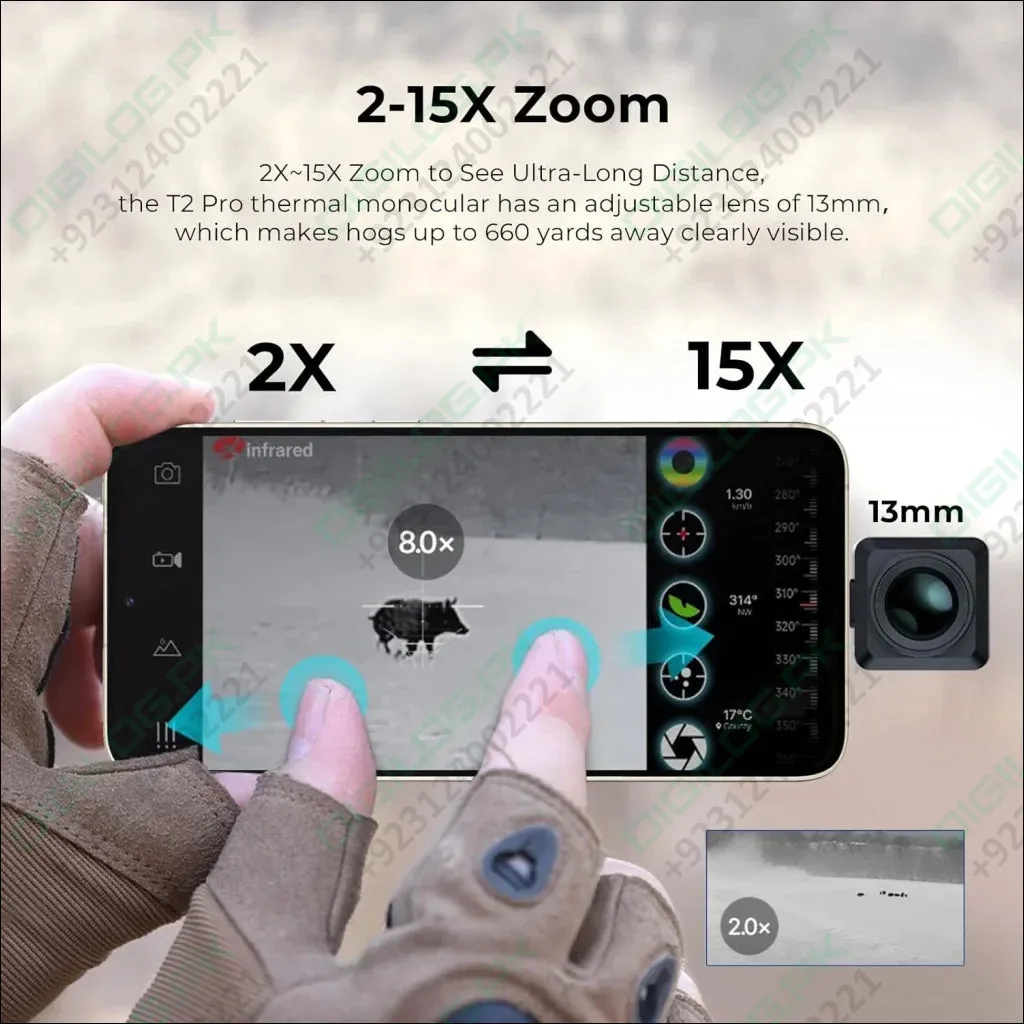 Infiray T2 Pro Thermal Monocular For Android, Thermal Imaging Monocular For Hunting, 2~15x Digital Zoom, Hotspot Tracking, 13mm Adjustable Lens,