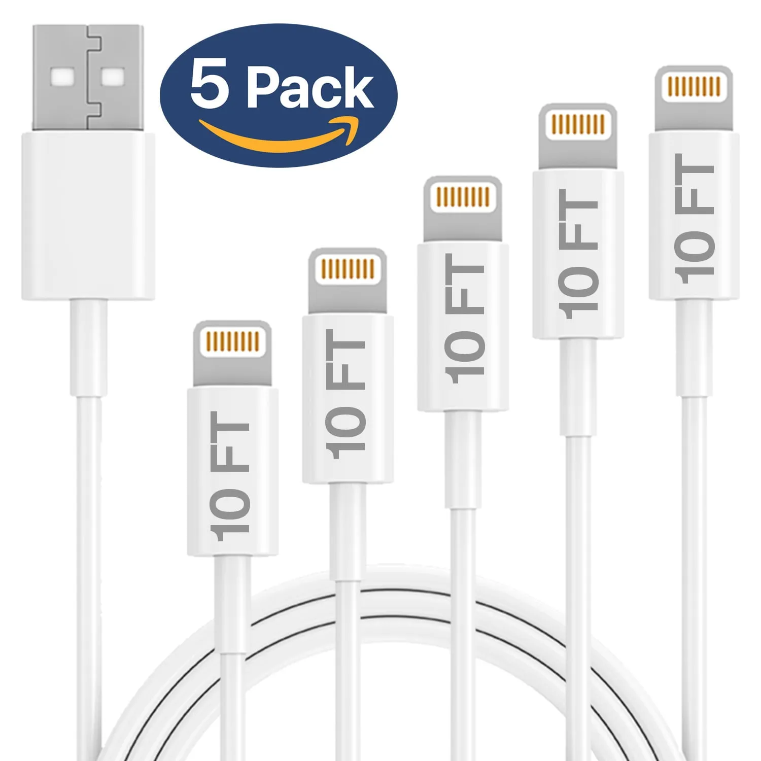 iPhone Charger Lightning Cable Set, Ixir, 5 Pack 10FT USB Cable, For Apple iPhone Xs,Xs Max,XR,X,8,8 Plus,7,7 Plus,6S,6S Plus,iPad Air,Mini,iPod Touch,Case, Certified Charging & Syncing Cord