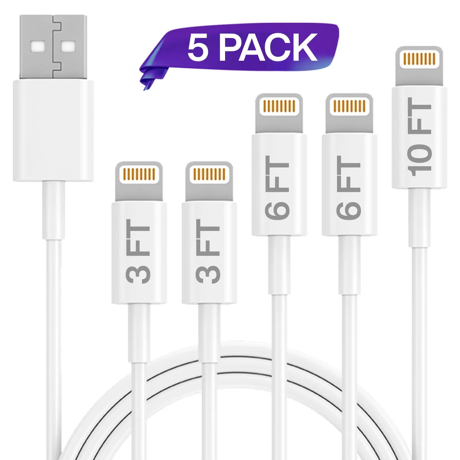 iPhone Charger Lightning Cable Set,(3FTx2,6FTx2, 10FT) USB Cable, Compatible with Apple iPhone Xs/Xs Max/XR/X/8/8Plus/7/7Plus/6S/6SPlus/Air/Mini/iPod Touch/Case,Charging & Syncing Cord