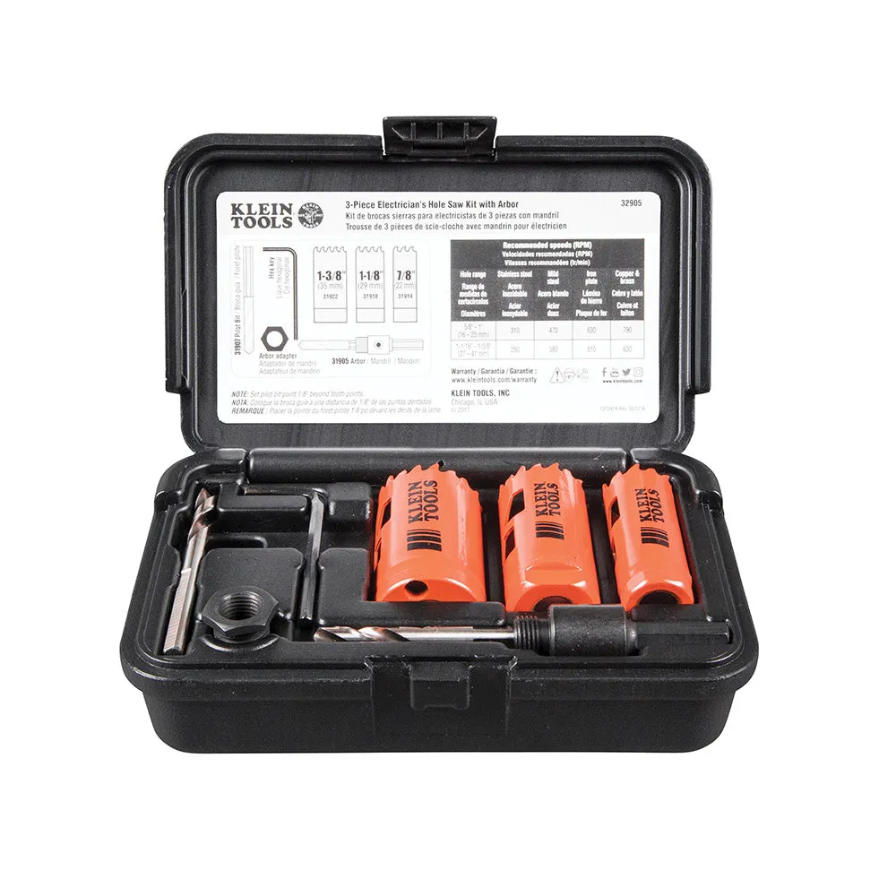 Klein 32905 Electrician's Hole Saw Kit with Arbor 3-Piece