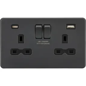 Knightsbridge Screwless 13A 2 Gang Switched Socket Dual USB A C Anthracite with Black Insert