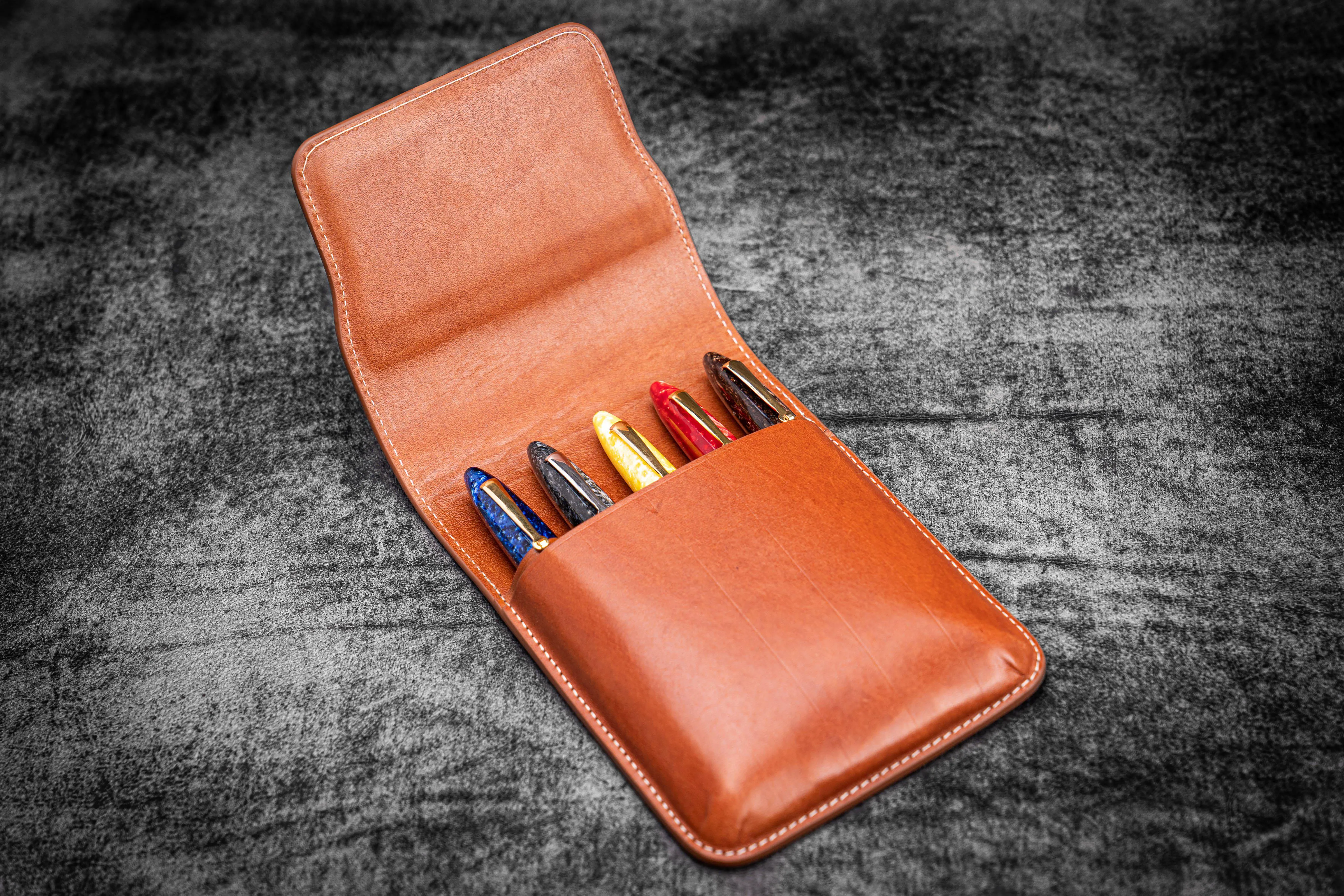 Leather Flap Pen Case for Five Pens - Brown